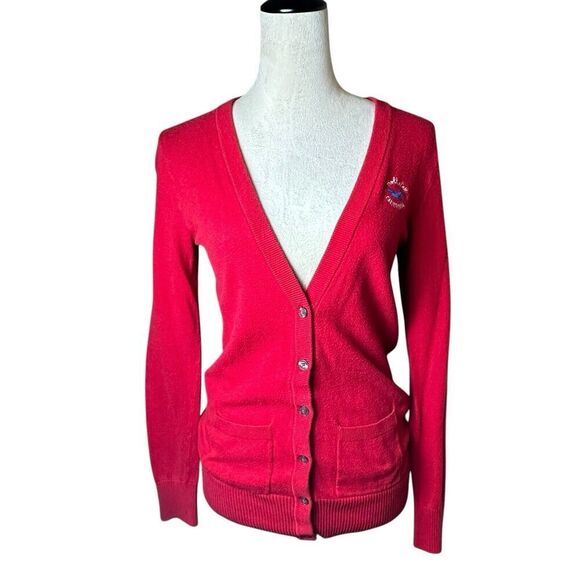 Hollister Red Cardigan Embroidered Logo Minimalist Late 2000s Y2K Sz Medium Prep - Picture 1 of 8